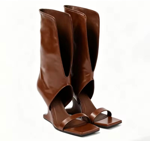 Women Faux Leather Fashion Open Toe Wedge Mid-Calf Boots