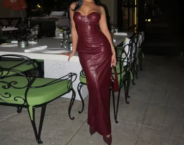 Women Sexy Strapless Burgundy Faux Leather Maxi Dress
