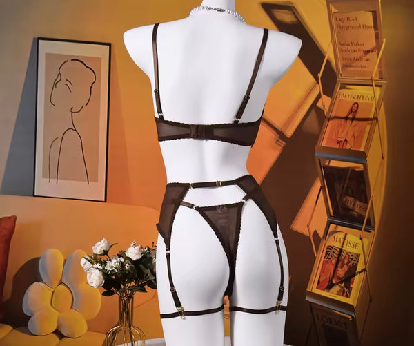 Women Sexy Brown Lace Lingerie Set