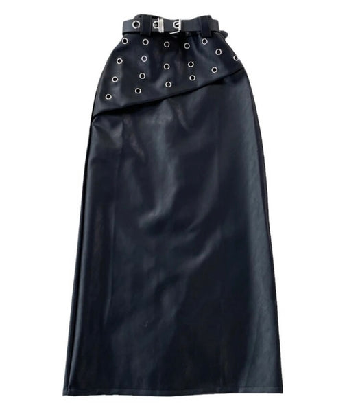 Women Solid Color Fashion Faux Leather Maxi Skirt