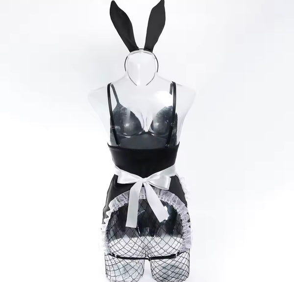 Women Sexy B&W Bunny Ears Headband Lingerie Set
