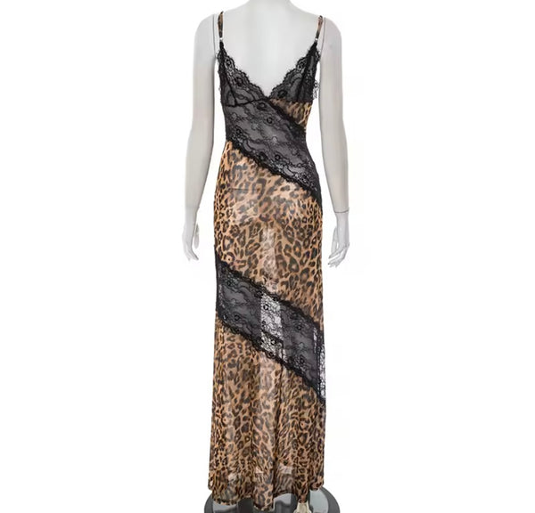 Women Sexy Sleeveless Lace Leopard Mesh Maxi Dress