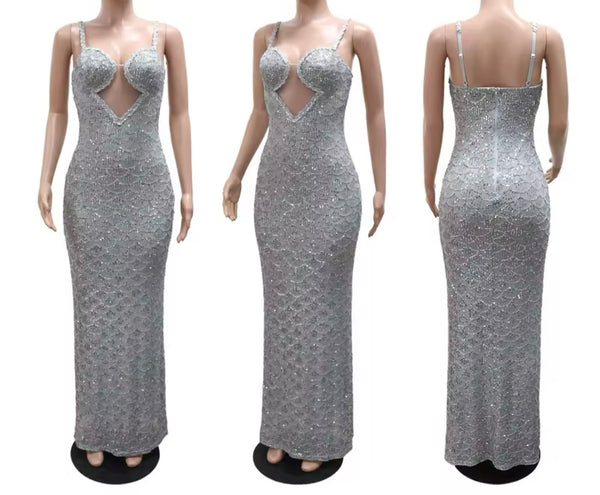Women Sexy Sleeveless Sequins Mesh Patchwork Maxi Dress