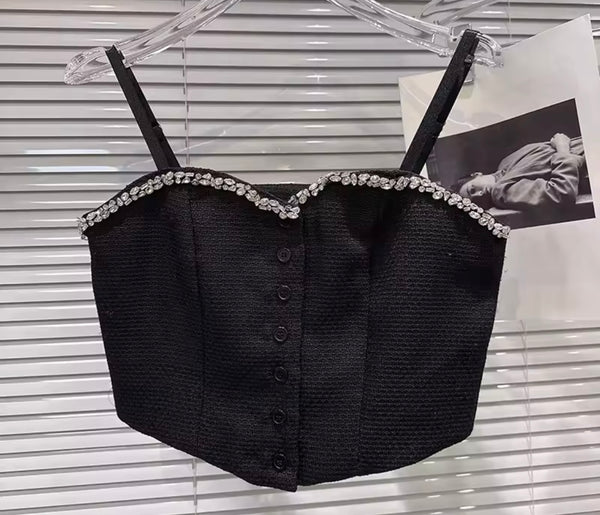 Women Fashion Black Rhinestone Sleeveless Two Piece Wrap Short Set