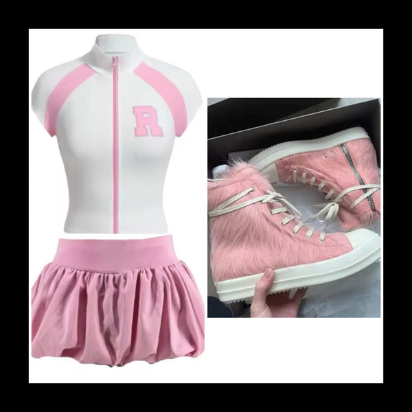 Women Letter Zip Up Short Sleeve  Sexy Two Piece Skirt Set