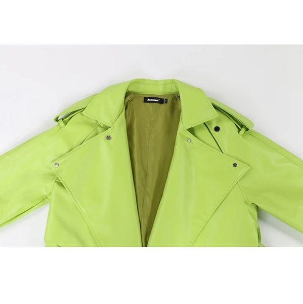 Women Fashion Faux Leather Green Belted Trench Jacket