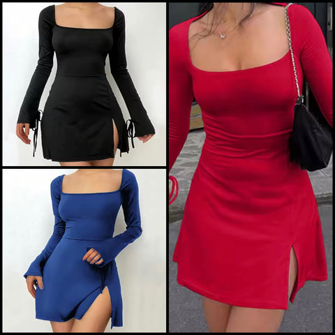 Women Sexy Solid Color Tie Up Full Sleeve Side Split Dress