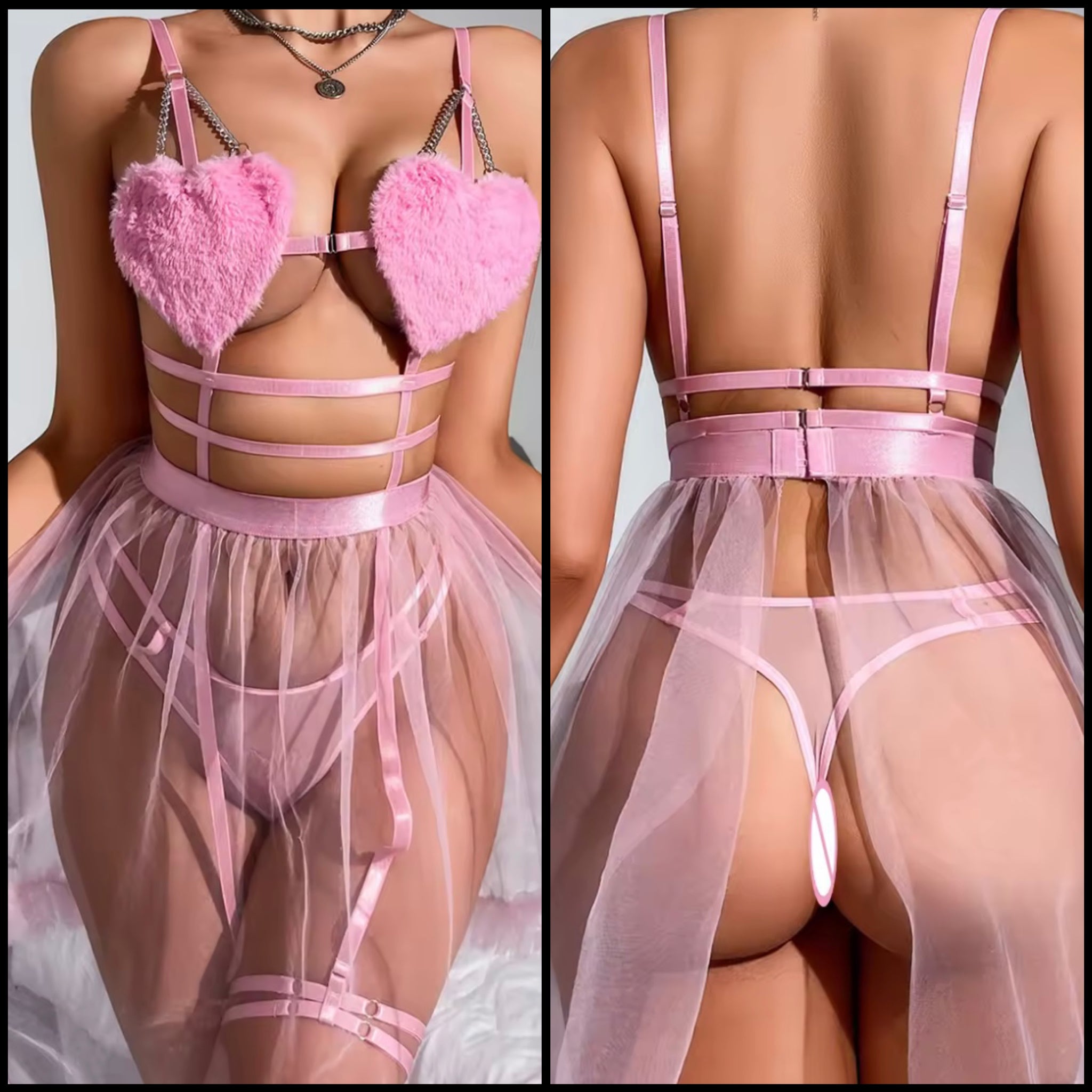 Women Sexy Pink Heart Mesh Lingerie Set