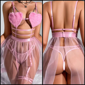 Women Sexy Pink Heart Mesh Lingerie Set