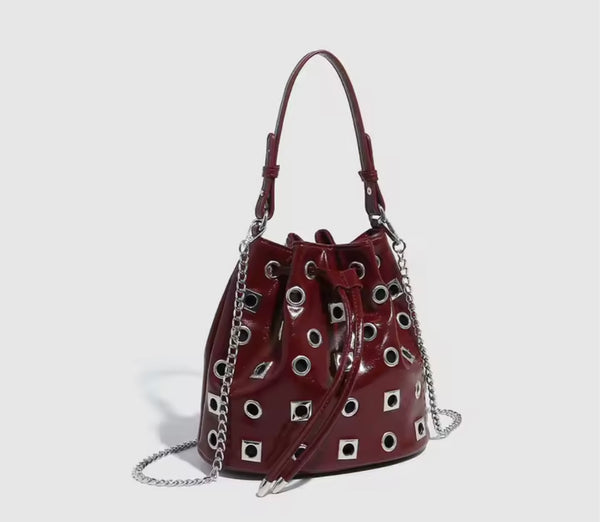 Women Fashion Faux Leather Metal Rivet Handbag Purse