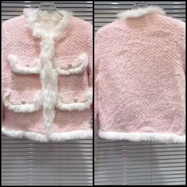 Women Pink Fur Patchwork Tweed Fashion Jacket