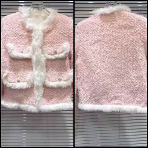 Women Pink Fur Patchwork Tweed Fashion Jacket