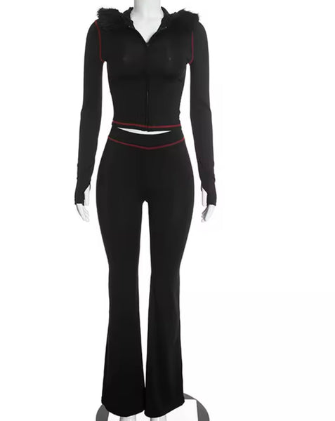 Women Fur Hooded Zip Up Two Piece Tracksuit Pant Set