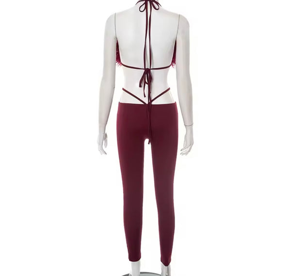 Women Sexy Feather Sleeveless Open Back Jumpsuit