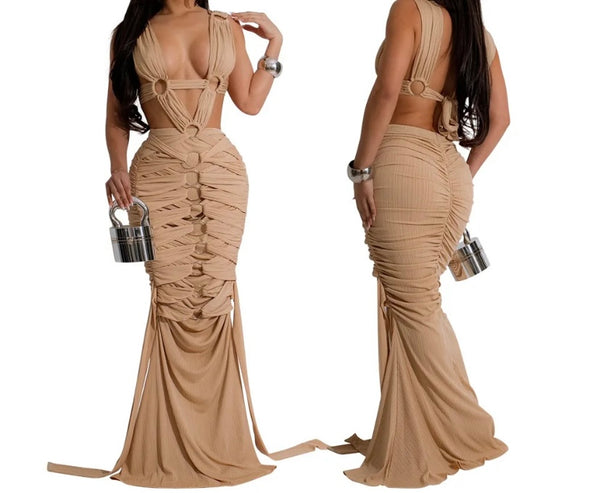 Women Sexy Sleeveless Mesh Lace Up Open Back Maxi Dress