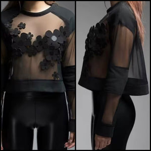 Women Black Floral Mesh Full Sleeve Crop Top