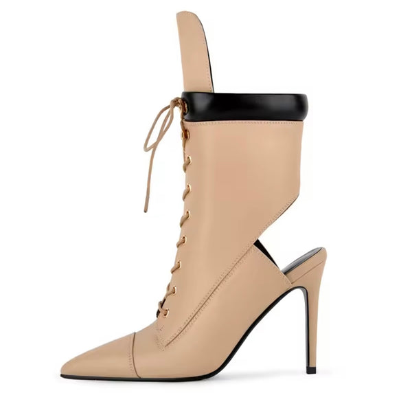 Women Fashion Pointed Toe Lace Up Cut Out High Heel Ankle Boots
