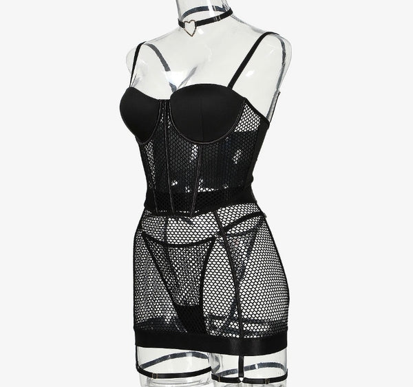 Women Sexy Black Choker Netted Lingerie Set