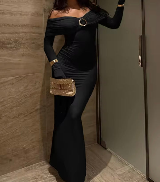 Women Sexy Solid Color Off The Shoulder Full Sleeve Maxi Dress