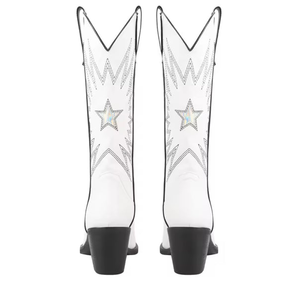 Women Fashion White Metallic Star Knee High Western Boots