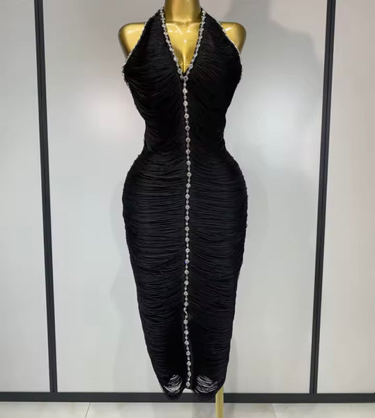 Women Sexy Black Rhinestone Fringe Halter Open Back Dress
