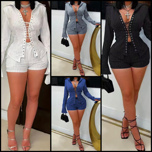 Women Sexy Fashion Pinstriped Lace Up Full Sleeve Two Piece Short Set