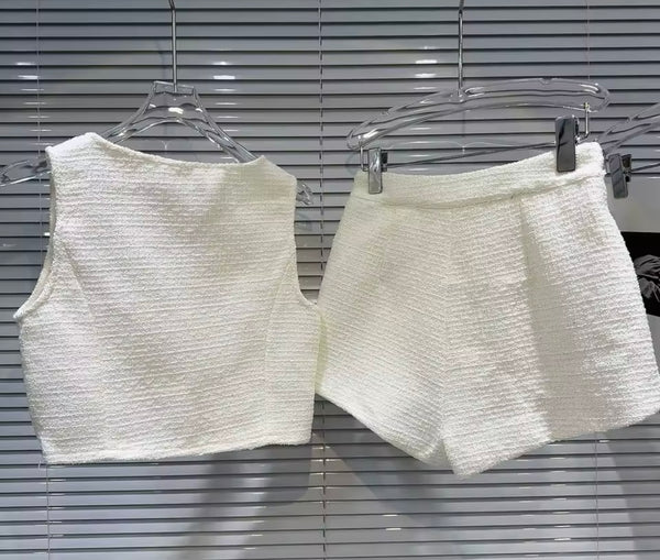 Women Button Up Flower Chain Sleeveless Tweed Two Piece Short Set