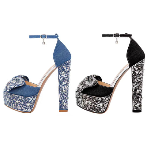 Women Open Toe Bow Bling Platform Ankle Strap Denim High Heels