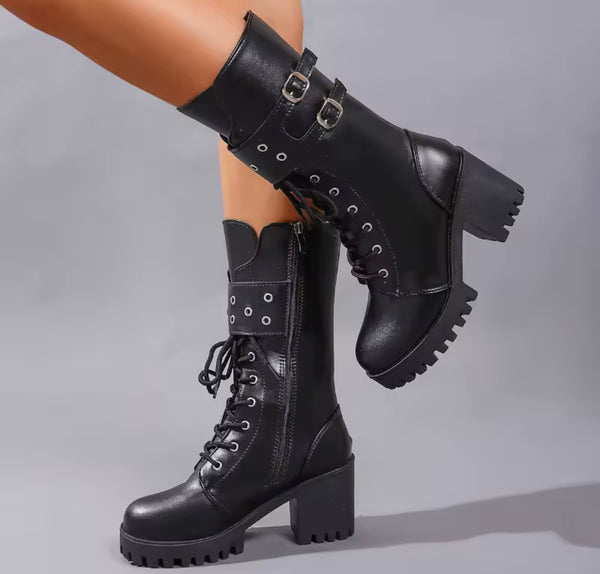 Women Fashion Tie Up Double Buckle Zip Up Ankle Boots