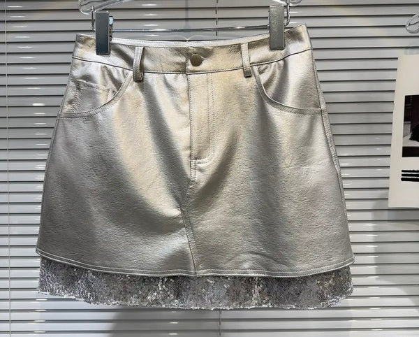 Women Fashion Silver Sequins Patchwork Faux Leather Skirt