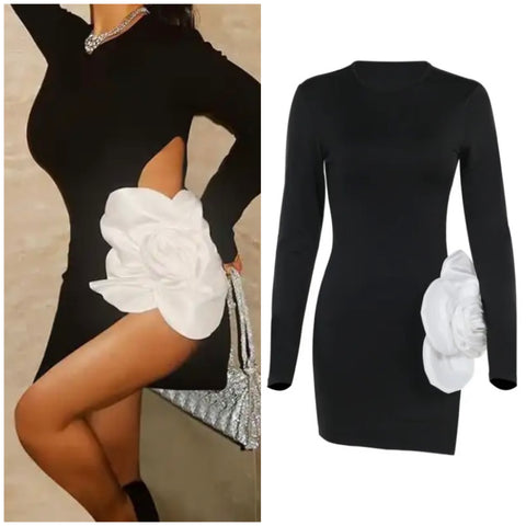 Women Black Sexy Floral Full Sleeve Side Split Dress