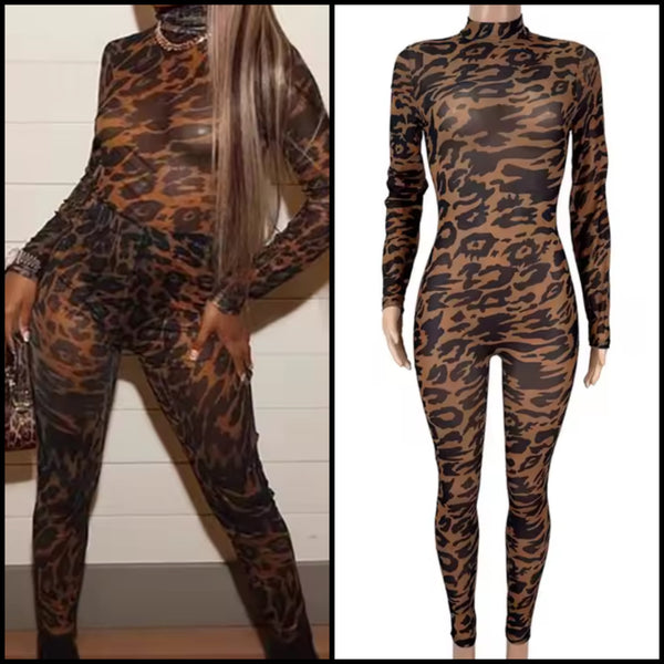Women Sexy Fashion Leopard Print See Through Jumpsuit