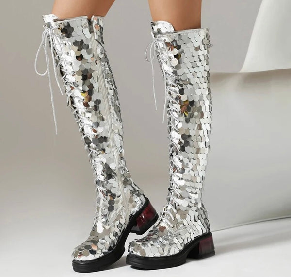 Women Fashion Silver Sequins Lace Up Knee High Boots