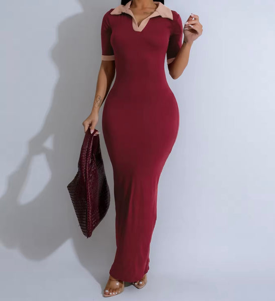 Women Color Patchwork Collar Short Sleeve Sexy Maxi Dress