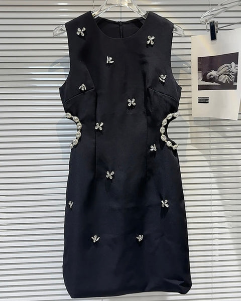 Women Sexy Sleeveless Black Bling Crystal Cut Out Dress