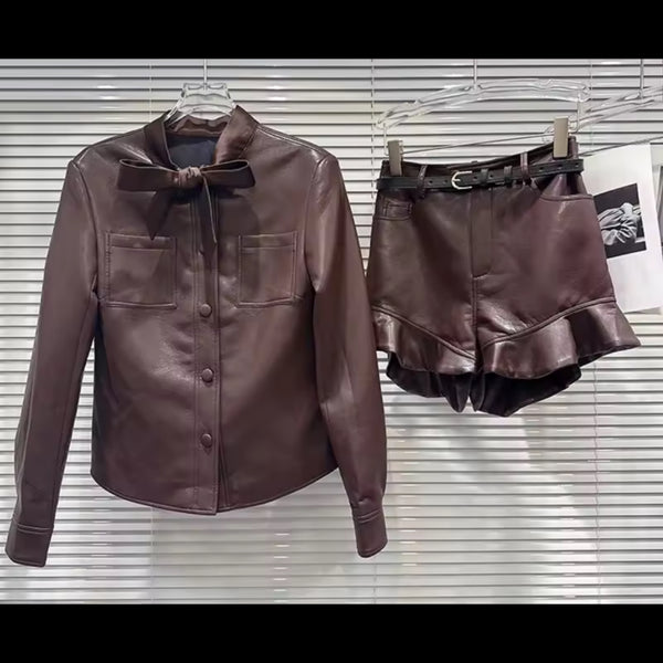Women Brown Bow Button Up Full Sleeve Two Sleeve Ruffled Short Set