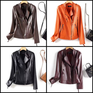 Women Color Fashion Faux Leather Jacket