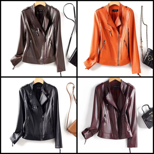 Women Color Fashion Faux Leather Jacket