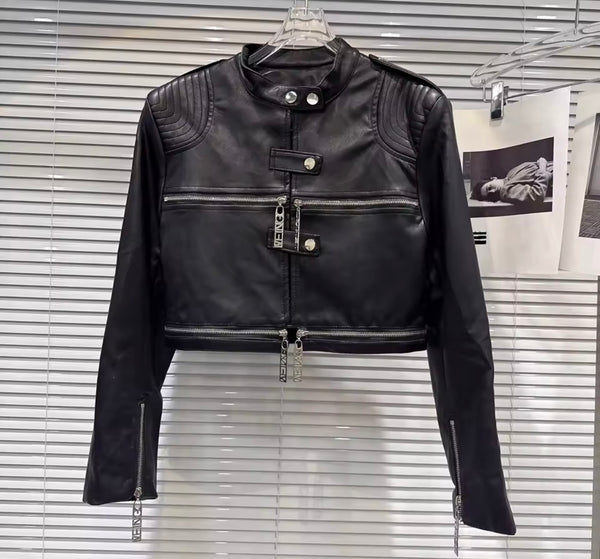 Women Fashion Faux Leather Jacket Two Piece Short Set