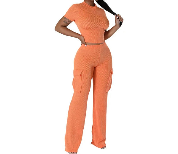 Women Solid Color Ribbed Short Sleeve Crop Two Piece Pant Set
