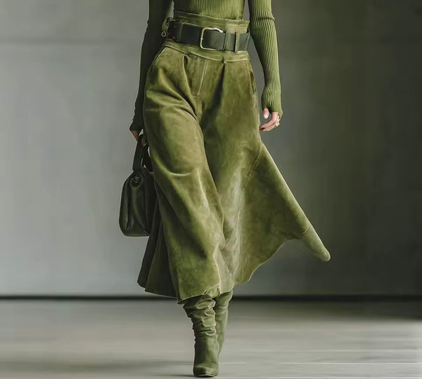 Women Green Ribbed Off The Shoulder Two Piece Suede Pant Set