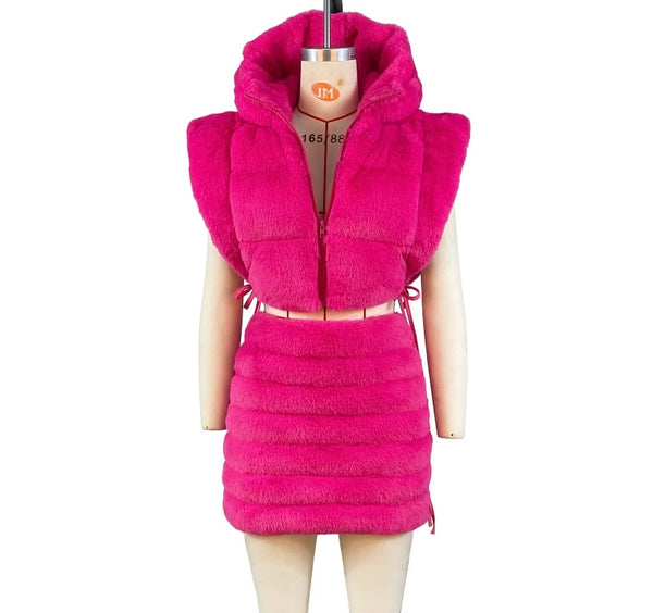 Women Fashion Sleeveless Hooded Faux Fur Two Piece Skirt Set