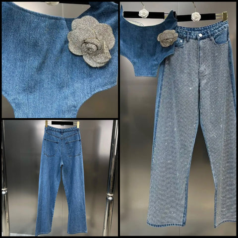 Women Fashion Rose Strapless Rhinestone Patchwork Denim Two Piece Pant Set