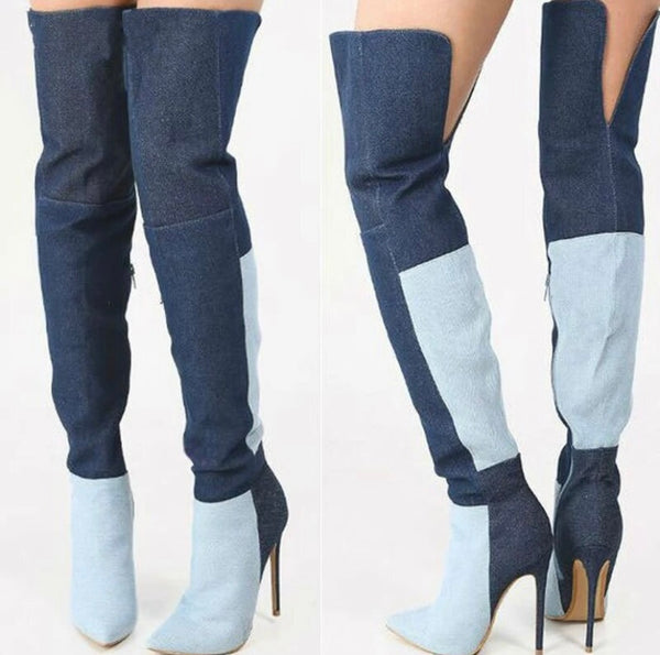 Women Fashion Pointed Toe Color Patchwork Knee High Boots