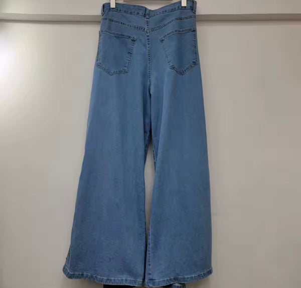 Women Blue Fashion Split Hem Color Crystal Denim Pants