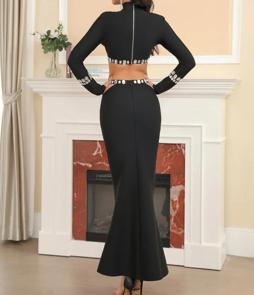 Women Sexy Black Full Sleeve Rhinestone Patchwork Two Piece Maxi Skirt Set