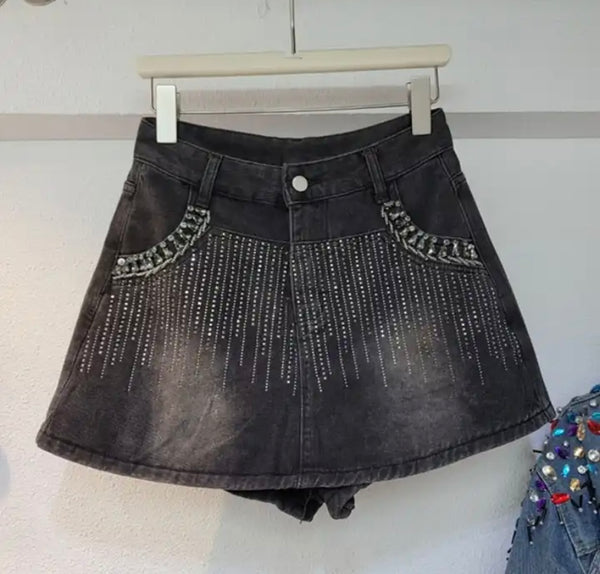 Women Fashion Denim Bling Patchwork Skirt