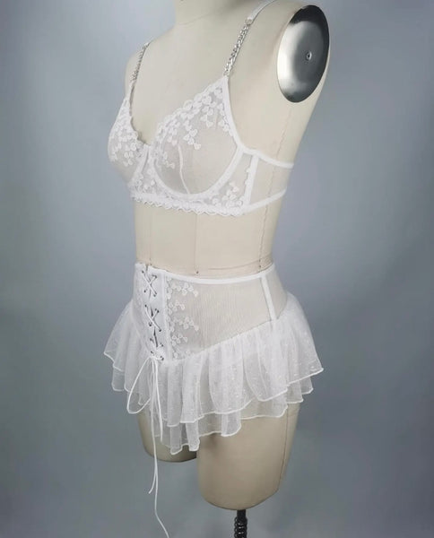 Women Sexy Heart Print Mesh Ruffled Lingerie Set