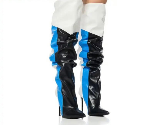 Women Multicolored Striped Fashion Faux Leather Knee High Boots