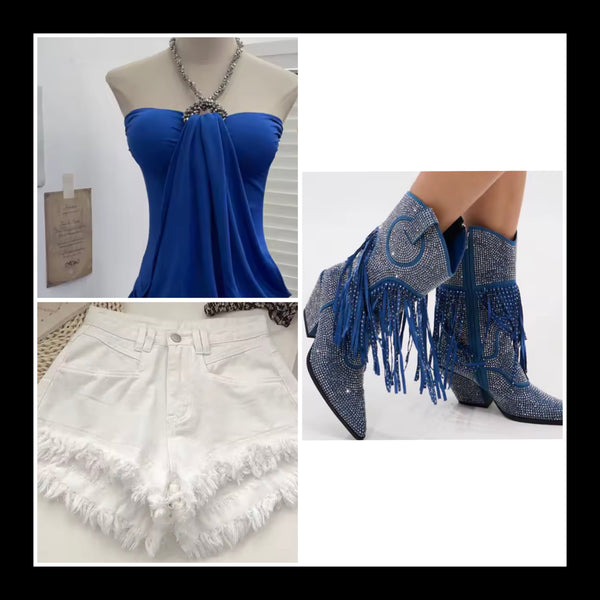 Women Fashion Blue Bling Rhinestone Tassel Ankle Western Boots